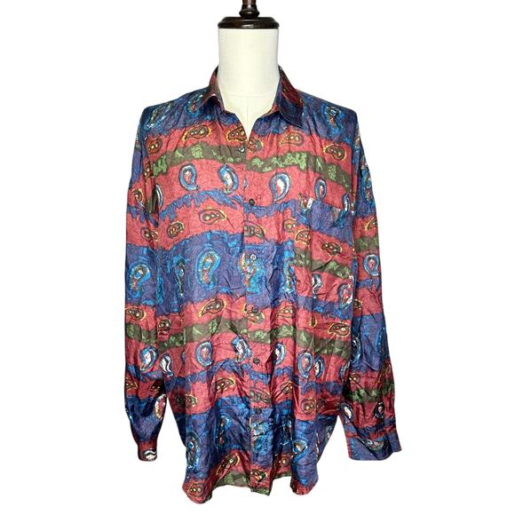 Protest | Men | Vintage 90s 100% Silk Abstract Paisley Button Up Shirt | Sz XL - Picture 2 of 13